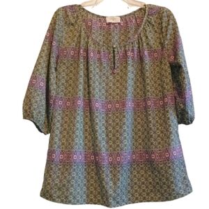 Everly Boho Floral Tunic Top Small Multicolor‎ 3/4 Sleeve Peasant Blouse USA